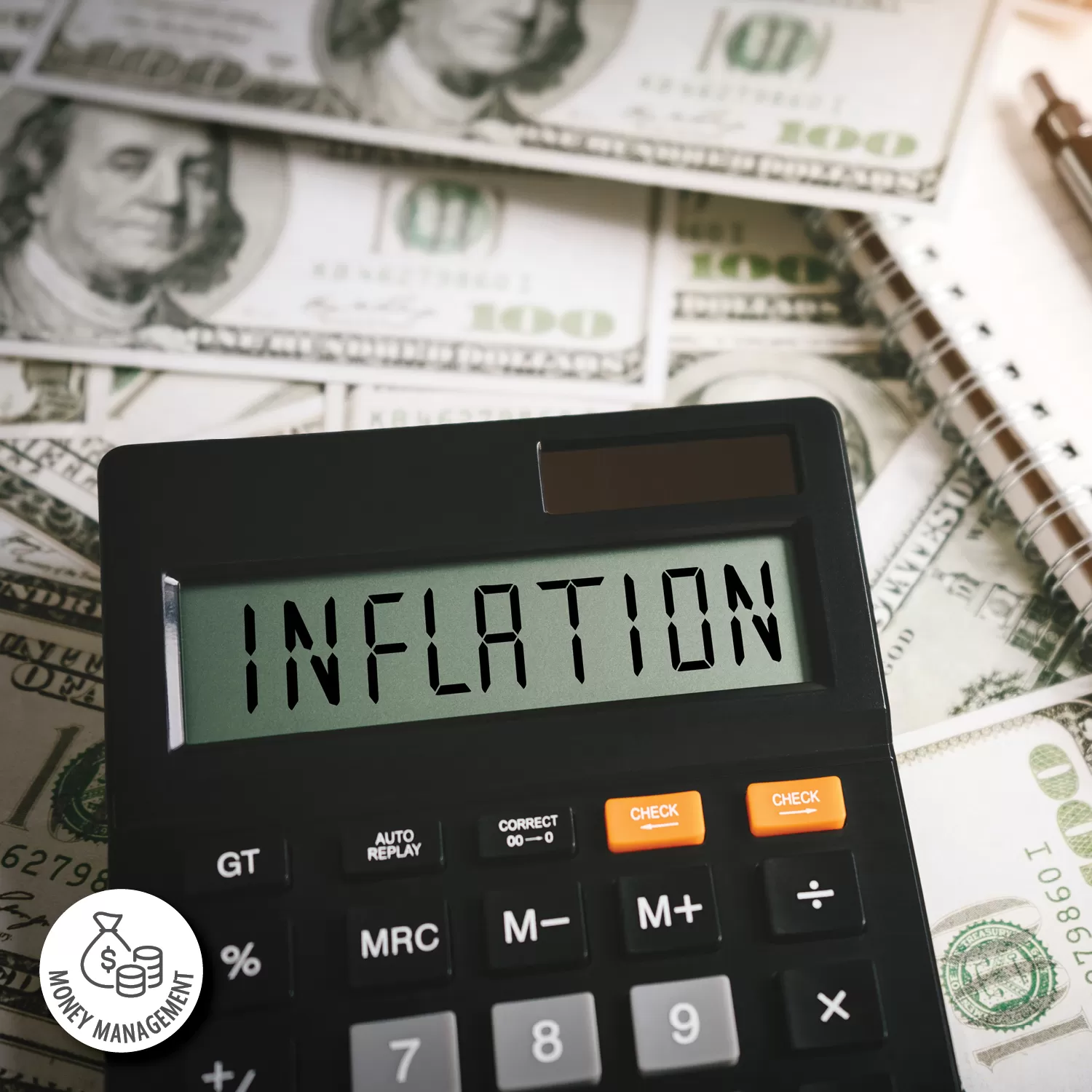 calculator with the word inflation on it and money in the background